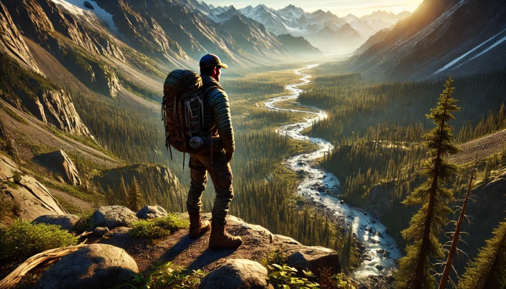 man with backpack standing on a mountain top, looking down at the valley.