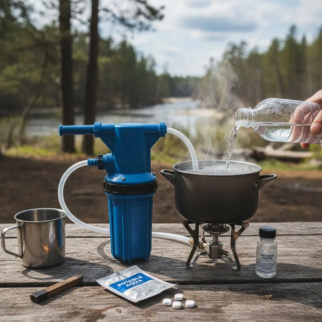 Backup water purification systems including portable filter purification tablets and boiling water
