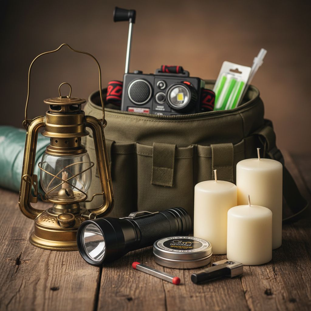 Emergency lighting backup systems including flashlight lantern and candles for survival preparedness