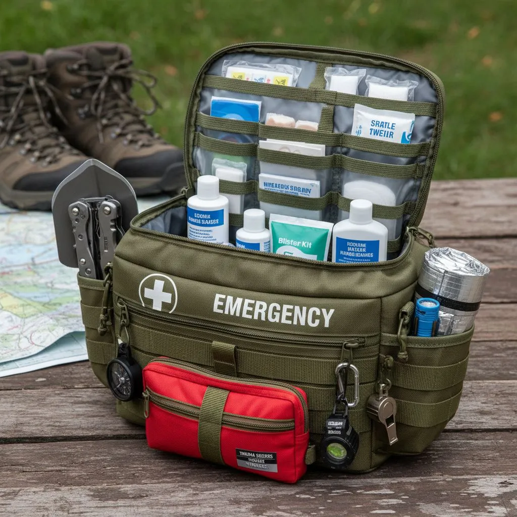 Emergency first aid kit with backup medical tools for survival preparedness