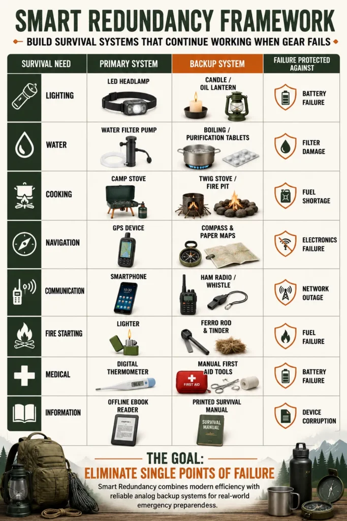 Reliable emergency survival kit showing primary and backup survival systems for lighting water cooking and communication