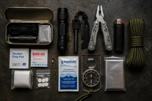 Compact small survival kit with emergency gear including flashlight fire starter multitool and first aid supplies