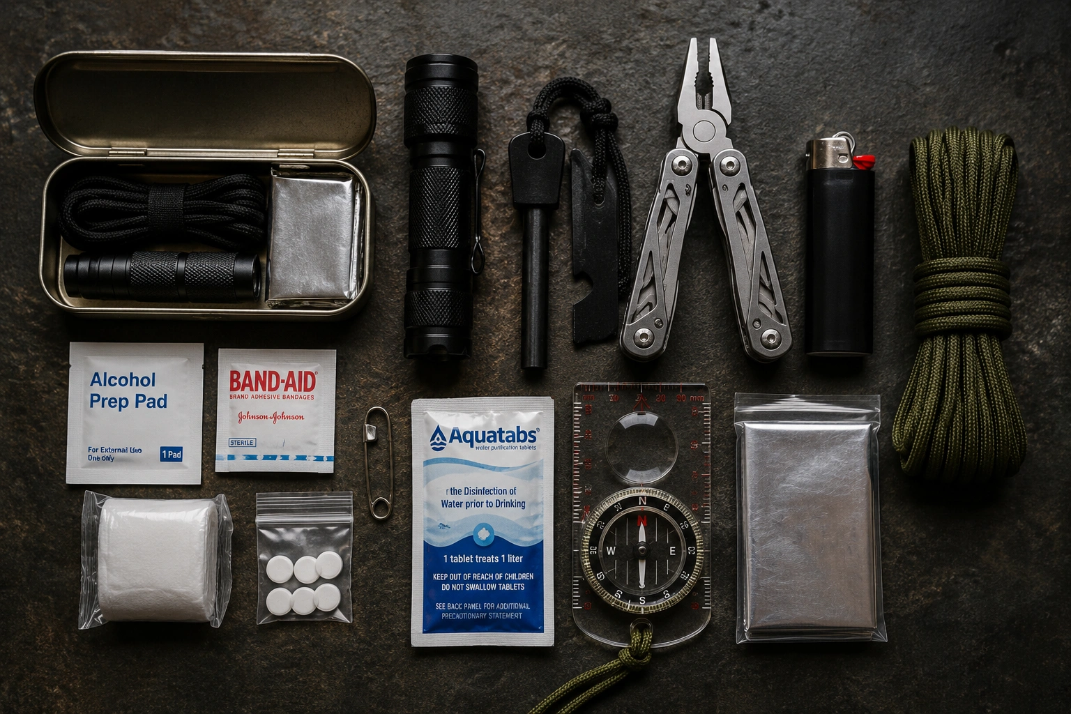Compact small survival kit with emergency gear including flashlight fire starter multitool and first aid supplies