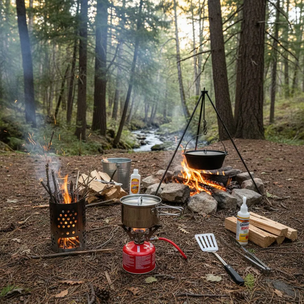 Emergency cooking backup systems including camp stove twig stove and fire pit