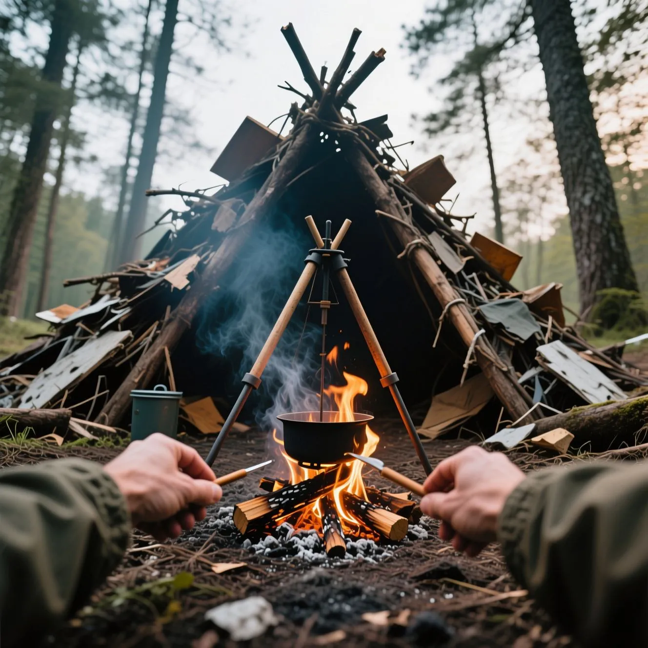 Hands-on construction of a waterproof natural debris shelter in a North American temperate forest — a core bushcraft skill taught by Survival and outdoors