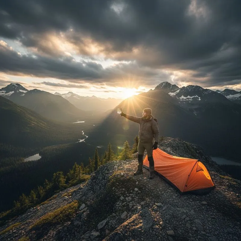 A hiker using a signal mirror to signal for rescue from a mountain ridge in the Canadian Rockies, with an orange emergency bivouac shelter set up nearby — illustrating emergency survival skills taught by Survival and Outdoors.