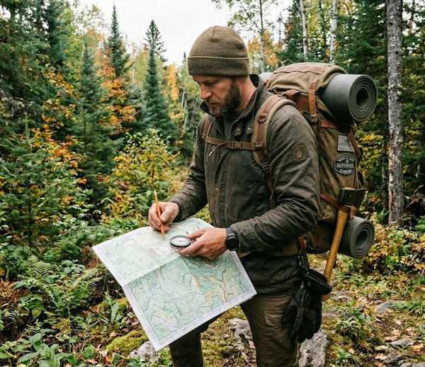 A skilled outdoorsman using a map and compass in a dense Canadian boreal forest, representing the self-reliance mission of Survival and Outdoors