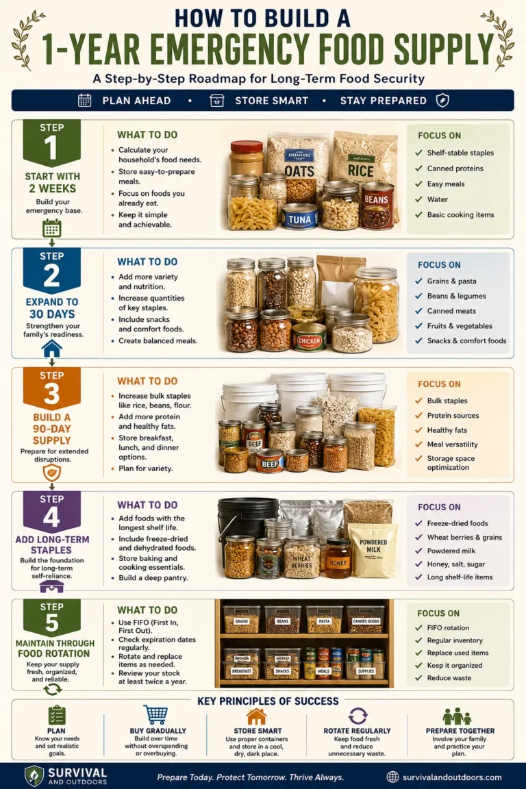 Food storage roadmap infographic showing the 5 stages of building a 1-year emergency food supply.