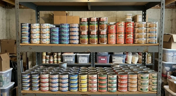 Assorted canned chicken, tuna, beef, salmon, and turkey for emergency preparedness.