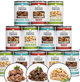Shelves stocked with canned meats, vegetables, beans, and soups for emergency food storage.