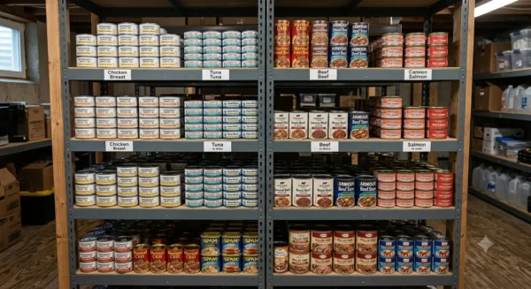 Shelves stocked with canned chicken, tuna, beef, salmon, and other canned meats for emergency food storage.