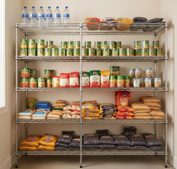 Organized emergency food storage pantry with canned foods, grains, and long-term food supplies.