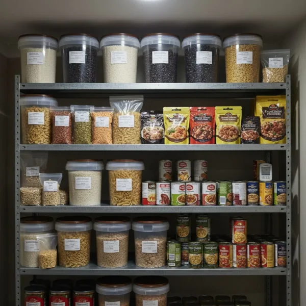 Rice, beans, pasta, canned foods, and freeze-dried meals prepared for long-term storage.