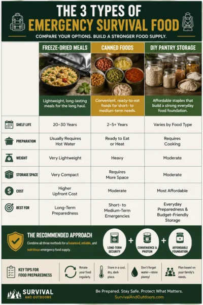 Infographic comparing freeze-dried meals, canned foods, and DIY pantry storage for emergency preparedness.