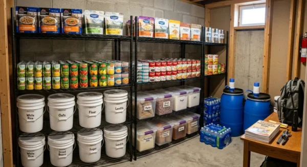 Emergency survival food supply including freeze-dried meals, canned foods, and pantry staples organized for preparedness.