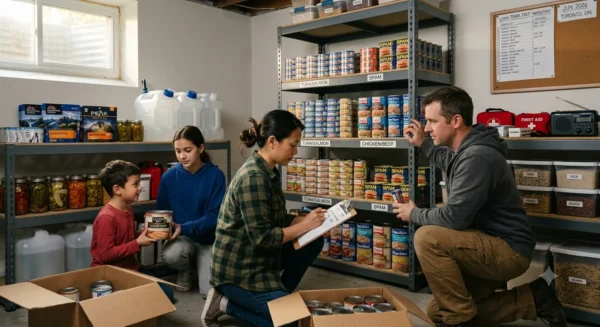 Family organizing canned meats and other emergency food supplies for long-term preparedness.