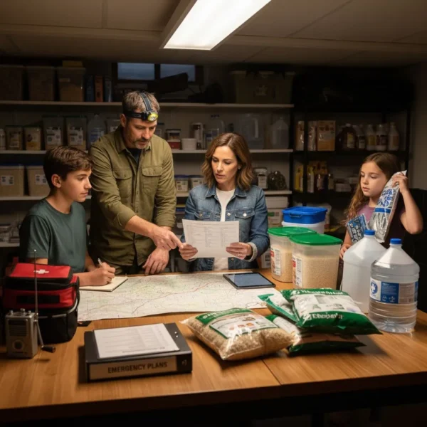 Family reviewing emergency food storage plans and preparedness supplies.