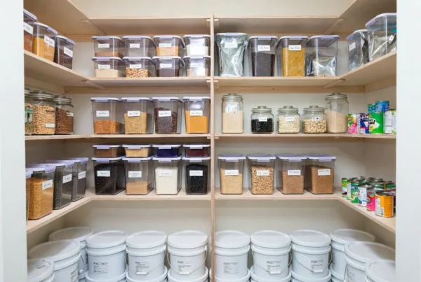 Organized food pantry using the first-in first-out food rotation method.