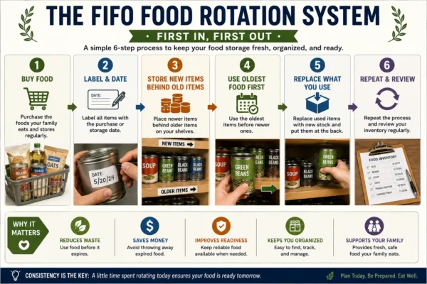 FIFO food rotation system infographic showing the six steps to organize emergency food storage using the First In, First Out method.