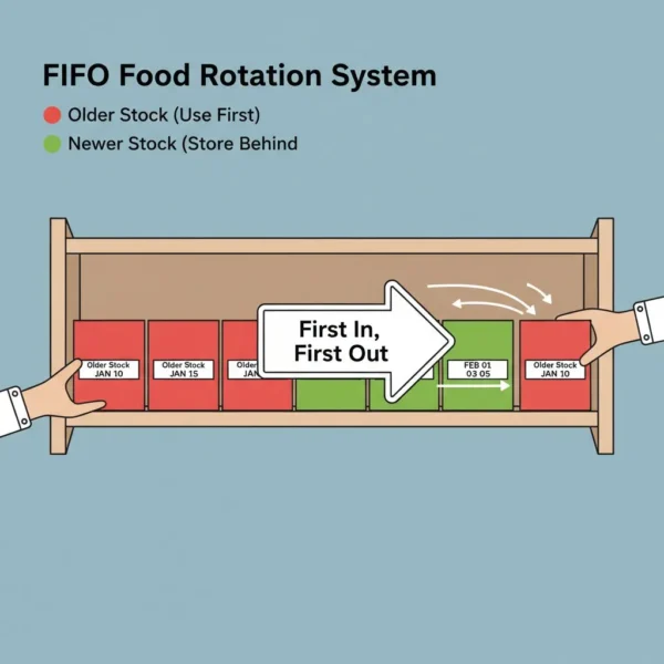 Diagram showing how the FIFO food rotation system uses older food supplies before newer purchases.