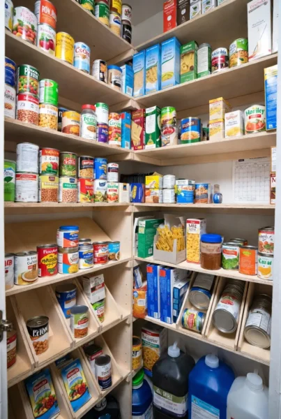 Organized emergency food storage shelves using the first in first out food rotation method.
