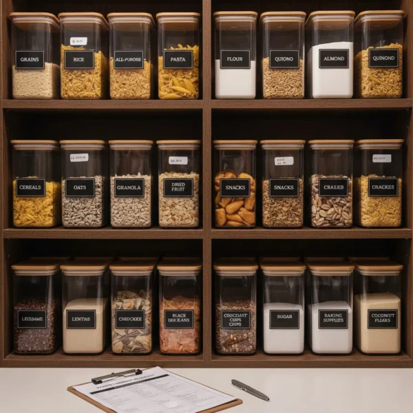 Labeled food storage containers organized by category for easy inventory management and rotation.