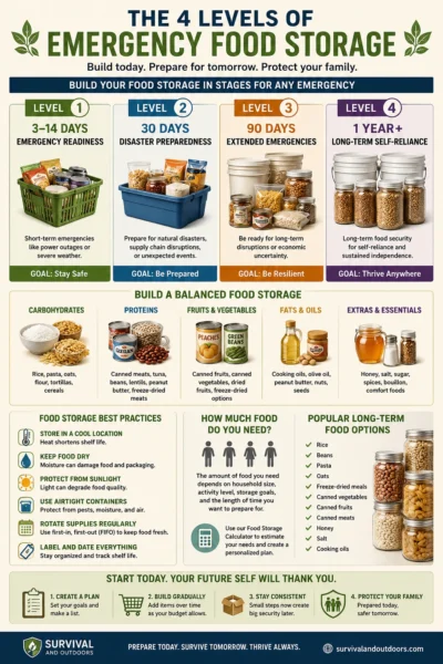 Emergency food storage infographic showing preparedness levels from 3 days to 1 year of food supplies.
