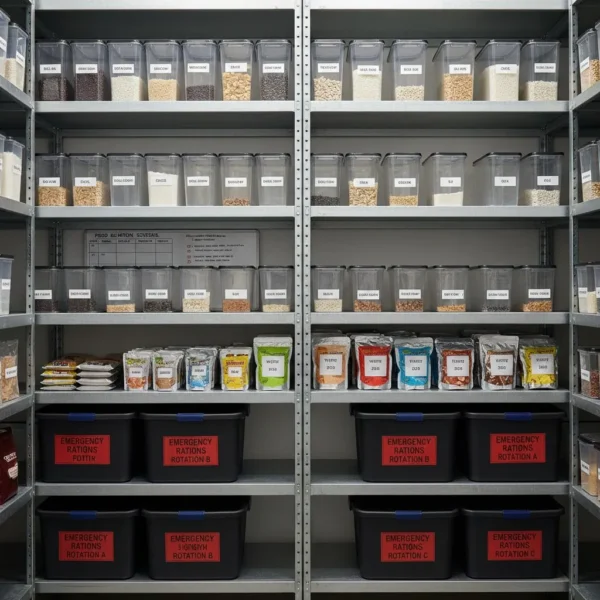 Properly organized food storage shelves with labeled containers and rotating emergency food supplies.