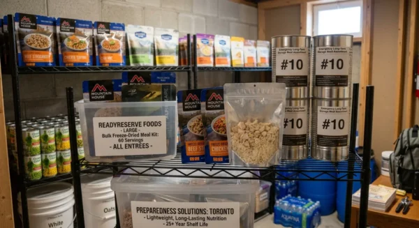 Long-term freeze-dried emergency meals stored in sealed pouches for disaster preparedness.
