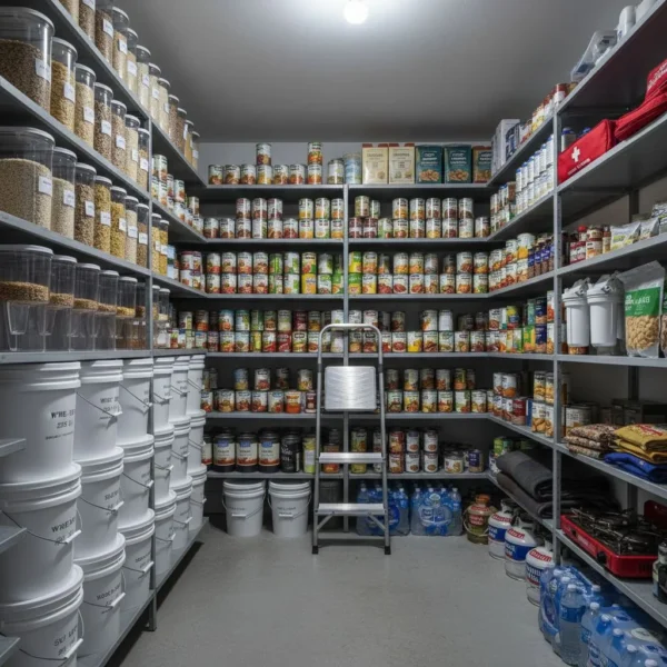 Organized long-term food storage pantry with grains, canned foods, buckets, and emergency supplies.