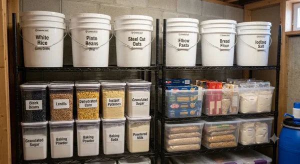 Rice, beans, oats, pasta, and other pantry staples stored for long-term emergency preparedness.