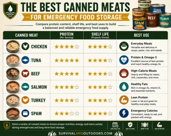 Infographic comparing the best canned meats for emergency food storage, including chicken, tuna, beef, salmon, turkey, and Spam by protein content, shelf life, and best uses for preparedness.