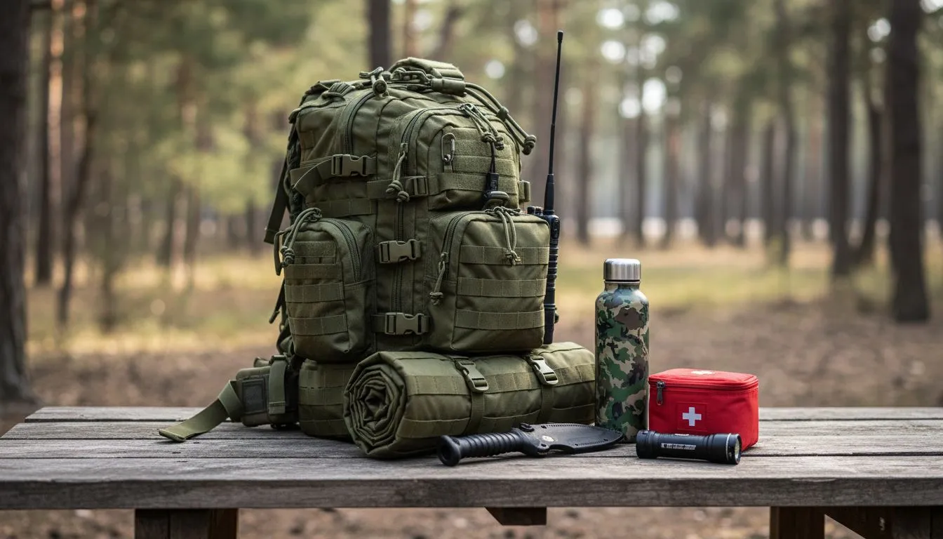 Fully packed bug out bag with survival gear laid out including knife, water bottle, first aid kit and flashlight