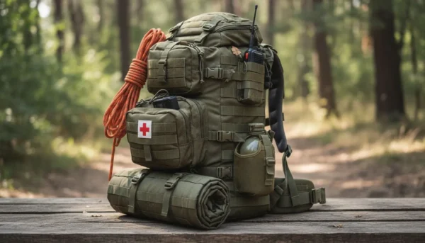 Loaded bug out bag weight calculator showing fully packed survival backpack ready for emergency evacuation.