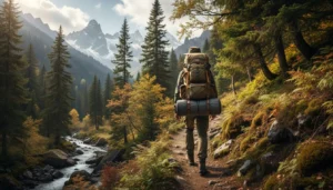Person hiking on a woodland trail carrying a loaded bug out bag demonstrating proper pack weight for long distance travel.