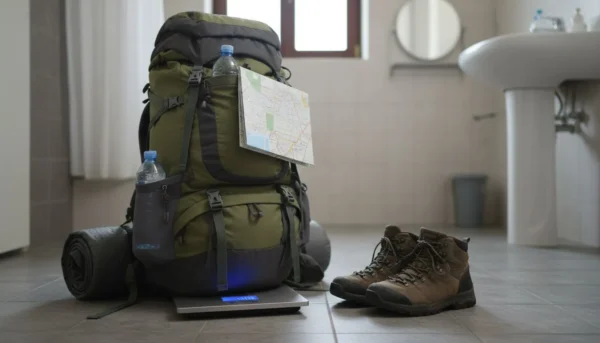 Bug out bag sitting on a bathroom scale to check pack weight against recommended carry limits.