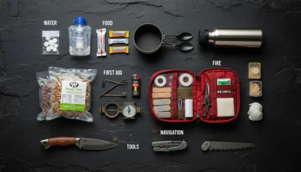 Bug out bag gear laid out by category including water filter, food, first aid kit, fire starter and navigation tools.