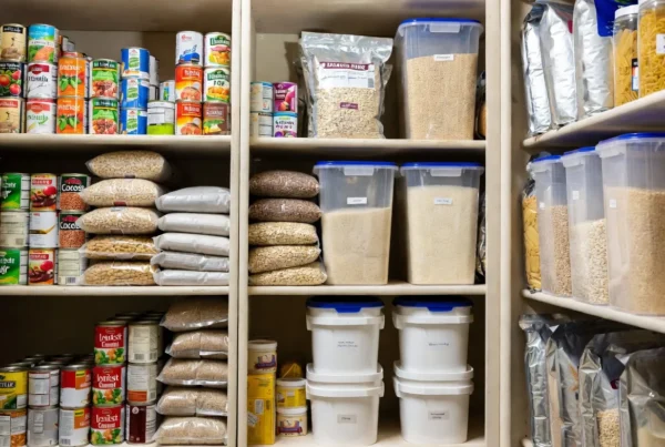 Emergency food storage pantry with canned foods, freeze-dried meals, grains, and long-term food storage containers.