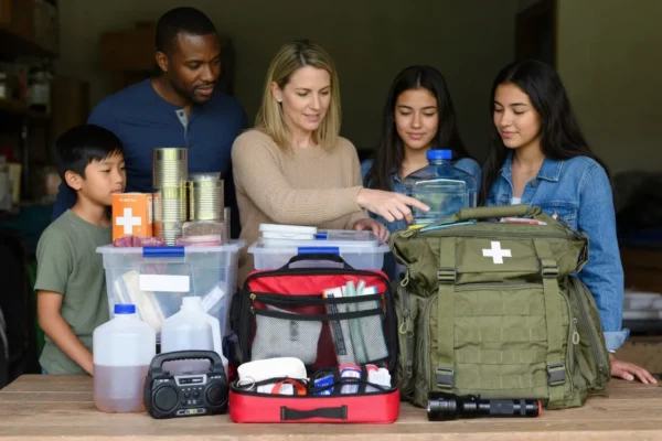 Family emergency preparedness supplies including food storage, water containers, first aid kit, bug out bag, flashlight, and emergency radio organized for disaster readiness.