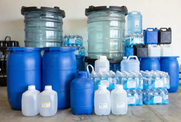 Food-grade water storage containers and bottled drinking water prepared for emergency use.